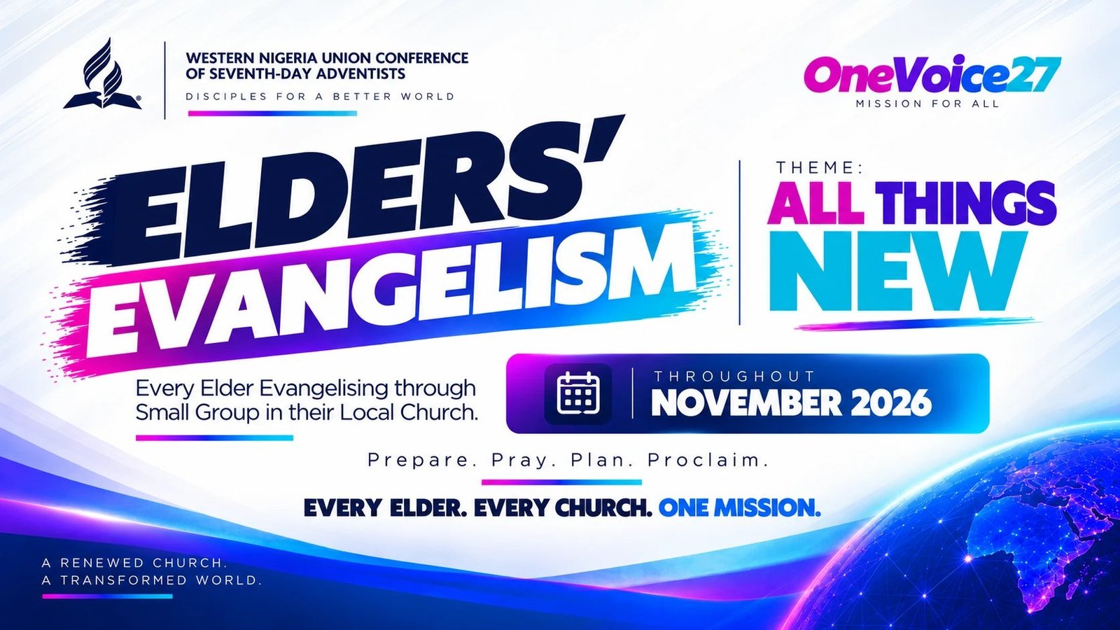 Elders' Evangelism: every elder evangelising through small groups in their local church, theme All Things New, throughout November 2026